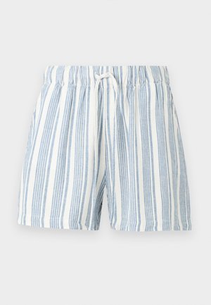 Pantaloni scurți albi cu dungi verticale bleu deschis, talie elastică și șnur alb în față, în centru.
