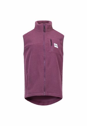 Gilet en polaire violet avec un col haut, une fermeture éclair frontale et une poche poitrine. Le tissu a une apparence texturée et confortable. Comprend un détail de logo.