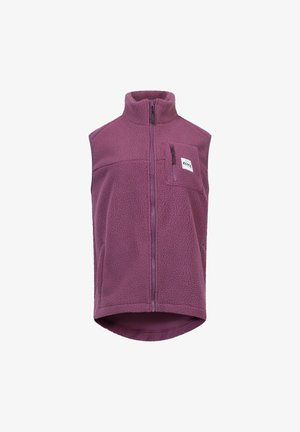 Fleece vest in purple with a high collar, front zip, and a chest pocket. The fabric has a textured, cozy look. Features logo detail.