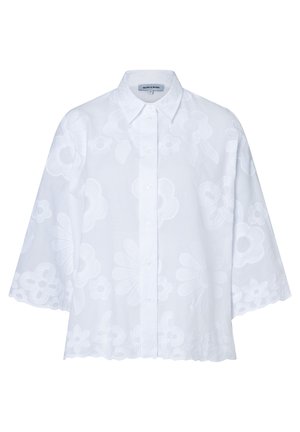 Weiße Bluse mit Knopfleiste, weitem Ärmel, floral besticktem Muster, gewelltem Saum und spitzem Kragen.