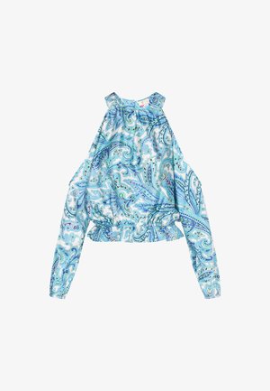 Bluzka z długim rękawem w jasnoniebieskim kolorze z wzorem paisley. Posiada marszczony dekolt oraz elastyczną talię, co podkreśla sylwetkę.