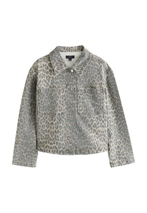 Jeansjacke mit Leopardenmuster, langen Ärmeln, Knopfleiste vorne, zwei Brusttaschen und klassischem Kragen in Grau- und Beigetönen.
