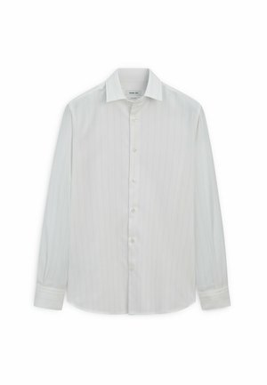 White long-sleeve shirt with subtle vertical stripes, a button-down collar, and button closures. Made of smooth fabric with a regular fit.
