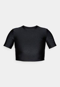 Čierny skrátený top vyrobený z lesklého, hladkého materiálu. Má krátke rukávy a okrúhly výstrih. Minimalistický dizajn bez viditeľných vzorov alebo detailov.
