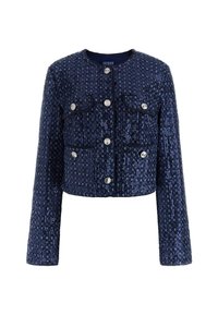 Giacca cropped a maniche lunghe di paillettes blu navy con scollo rotondo, bottoni argento e quattro tasche frontali.
