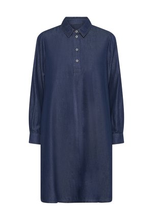 Mouwloze marineblauwe denim jurk met lange mouwen, een puntige kraag en vier knopen op een gedeeltelijke voorkant.