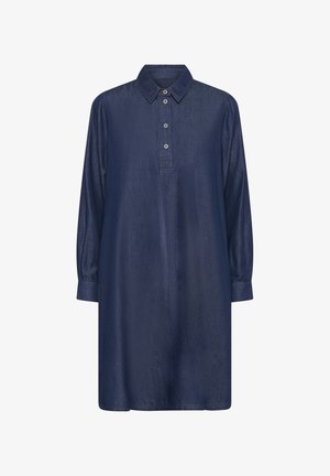 Vestido de camisa de mezclilla azul marino con mangas largas, cuello puntiagudo y cuatro botones en una tapeta delantera parcial.