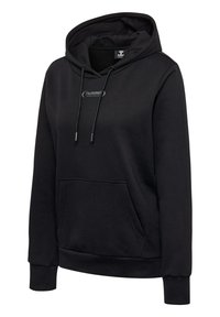 Czarna bluza z kapturem typu pulower, z przednią kieszenią kangurką, regulowanym sznurkiem przy kapturze i logo "hummel sportswear" na piersi.
