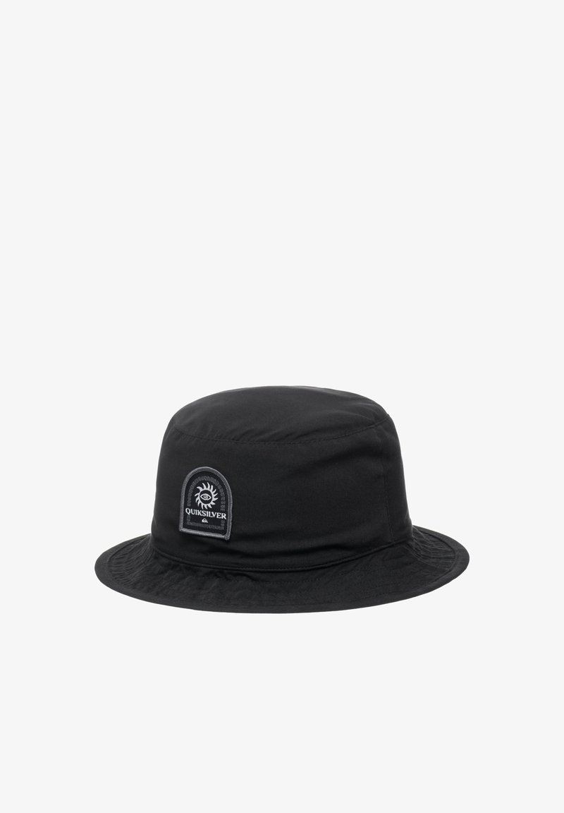Zwarte bucket hat van lichtgewicht stof. Bevat een gebogen rand en een ronde patch met een oogontwerp, waar het Quiksilver-logo op staat.