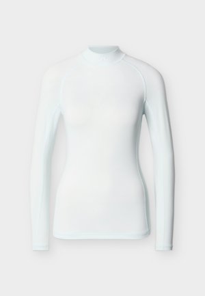 Lyseblå langermet topp laget av et elastisk stoff, med høy hals og kontrastfargede sømmer langs sømmene.