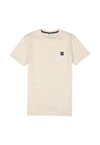 Camiseta color crema con rayas horizontales y textura moteada. Presenta un pequeño logo en navy en el lado izquierdo del pecho. Mangas cortas, escote redondo.