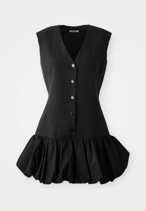 Black sleeveless dress with a plunging V-neck, button front, and ruffled hem. Made of smooth fabric with a structured bodice and soft texture.