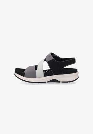 Gray and black sandal with a cross-strap design, made of soft materials. Features cut-outs and a cushioned sole for comfort.