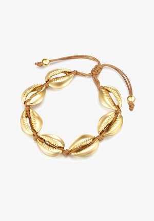 Pulsera en forma de concha en tono dorado con un cordón marrón trenzado, que presenta ocho conchas brillantes enlazadas entre sí y un detalle de cierre ajustable.