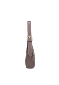 Brown leather shoulder bag with a flat design, adjustable strap, gold hardware, and minimal stitching detail. Clean and modern silhouette.