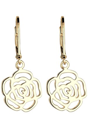 Boucles d'oreilles en forme de créoles dorées avec un design de rose découpé et détaillé. Légères, avec une finition polie et un fermoir à levier.