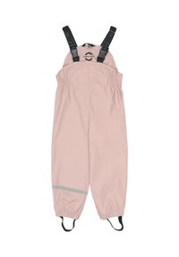 Rožinės vandeniui atsparios puskombinezonės su reguliuojamomis juodomis petnešomis, elastingu liemeniu ir atspindinčia pilka juostele apačioje. Lygios tekstūros, patvarios medžiagos.