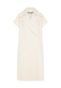 Off-White, kurzärmeliger, doppelt knöpfbarer langer Mantel mit breiten Revers, sechs Knöpfen und einem Etikett mit der Aufschrift "Senses The Label".