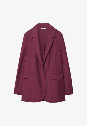Blazer bordeaux avec un col cranté, fermeture à un bouton, deux poches avant et une coupe structurée et ajustée.