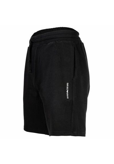 Pantaloni corti neri casual con vita elastica, tasche laterali, coulisse e logo Emporio Armani sulla coscia sinistra.