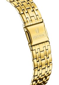 Złota bransoleta zegarka ze stali nierdzewnej z plecionym wzorem i polerowanym wykończeniem. Posiada zapięcie z logo "Festina".