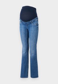 Graviditetsjeans med en mørkeblå myk stoffband og lyseblå denim, med en utsvingt ben-design og fem-lomme stil.