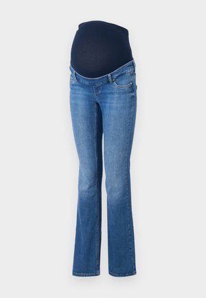 Maternity jeans with a dark blue soft fabric band and light blue denim, featuring a flared leg design and five-pocket style.