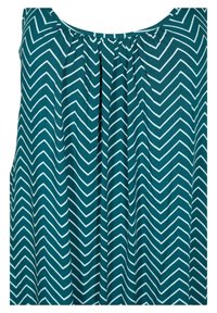Robe teal avec un motif en zigzag blanc. Dotée d'un col rond et de plis froncés, fabriquée dans un tissu léger.