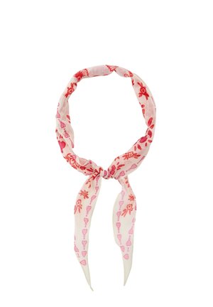Light pink scarf with red floral and heart patterns, tied in a loose knot with two long ends hanging down.