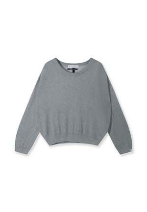 Grauer Strickpullover mit kurzem Schnitt, geripptem Saum und langen Ärmeln. Verfügt über einen Rundhalsausschnitt und eine weiche Textur. Markenetikett innen sichtbar.