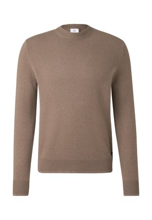 Brown knitted sweater with a round neck, long sleeves, and ribbed cuffs. Fabric has a soft texture and a solid color without patterns.