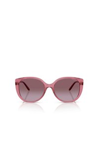 Occhiali da sole oversize rosa con lenti sfumate, finitura lucida e montatura ampia. Presenta il logo sul braccio.