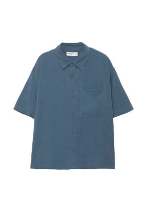 Korte mouwen overhemd met knopen in een gedempt blauwe kleur, gemaakt van zachte stof, met een borstzak en een klassieke kraagontwerp.