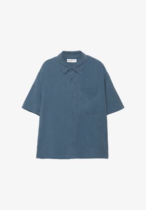 Korte mouwen overhemd met knopen in een gedempt blauwe kleur, gemaakt van zachte stof, met een borstzak en een klassieke kraagontwerp.