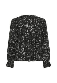 Blusa nera con pois bianchi, maniche lunghe, polsini arricciati, scollatura rotonda e vestibilità comoda. Realizzata in tessuto leggero con una morbida texture.