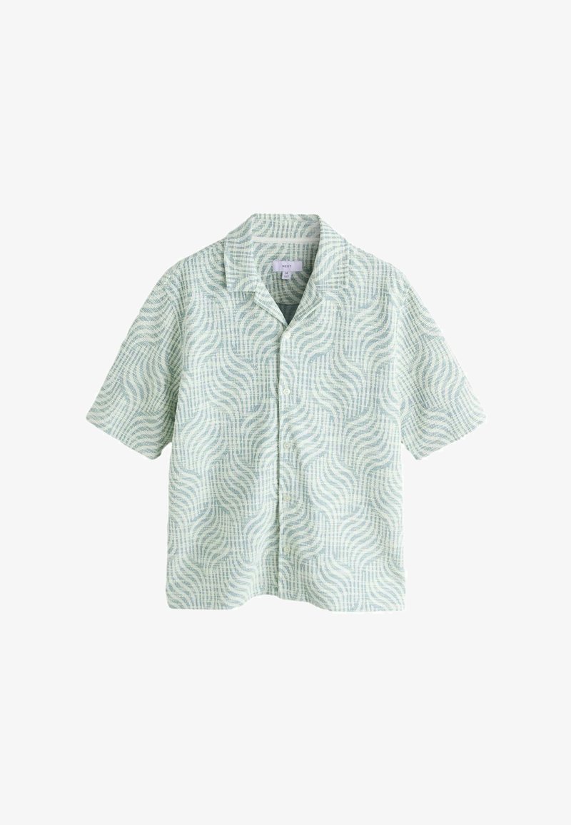 Kurzärmeliges Hemd mit Knopfleiste, hellgrün-weißem abstraktem, wellenförmigem Muster und weitem Kragen.