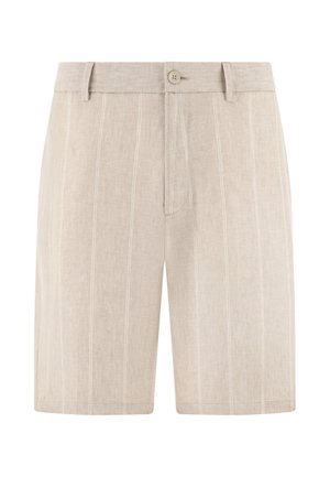 Short en lin beige avec de fines rayures verticales, fermeture par boutons, passants pour ceinture et fermeture éclair à l'avant.