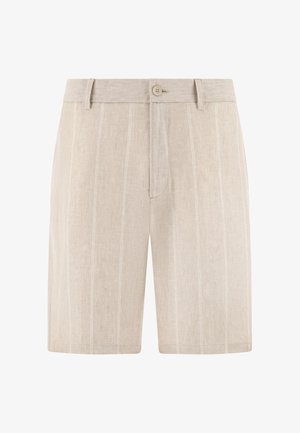 Beige linnen short met subtiele verticale strepen, knoopsluiting, ceintuurlussen en een ritssluiting aan de voorkant.