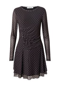 Zwart langesleeve jurk met witte stippen, geraffineerde bodice, uitlopende zoom en doorzichtige textuur. Glad stof met een ronde halslijn.