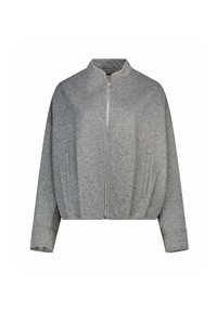 Giacca grigia con zip, colletto alto, maniche lunghe, tasche frontali inclinate e una vestibilità larga e corta.