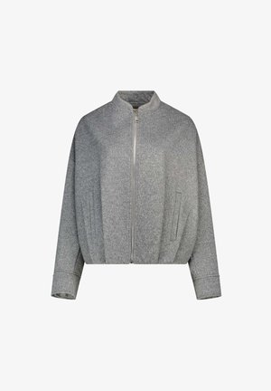 Giacca grigia con zip, colletto alto, maniche lunghe, tasche frontali inclinate e una vestibilità larga e corta.