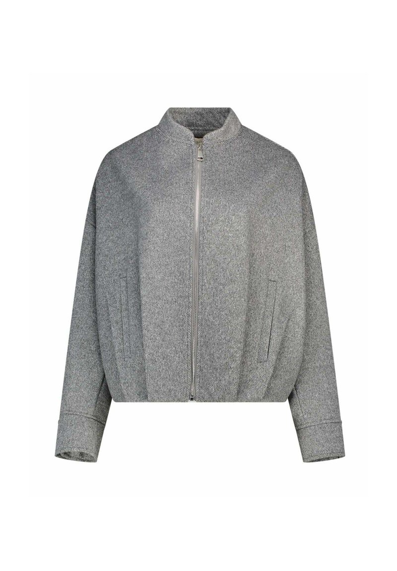 Giacca grigia con zip, colletto alto, maniche lunghe, tasche frontali inclinate e una vestibilità larga e corta.