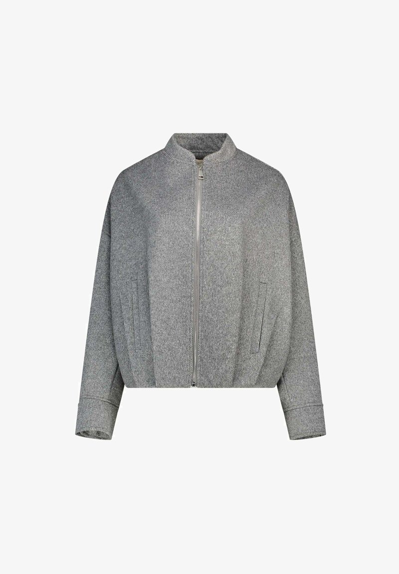 Giacca grigia con zip, colletto alto, maniche lunghe, tasche frontali inclinate e una vestibilità larga e corta.