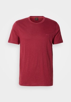 Rotes T-Shirt mit kurzen Ärmeln aus weichem, strukturiertem Stoff. Verfügt über einen Rundhalsausschnitt und dezentes Branding in passender Farbe.