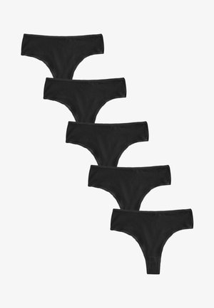 Pet par črnih tangic, navpično razporejenih na belem ozadju.