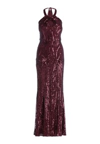 Burgunderfarbenes Abendkleid mit Halterneck, verziert mit Pailletten, und einem Schlüssel-Ausschnitt, figurnahem Oberteil und bodenlangem Rock.