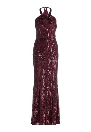 Burgunderfarbenes Abendkleid mit Halterneck, verziert mit Pailletten, und einem Schlüssel-Ausschnitt, figurnahem Oberteil und bodenlangem Rock.