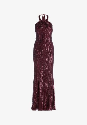 Burgunderfarbenes Abendkleid mit Halterneck, verziert mit Pailletten, und einem Schlüssel-Ausschnitt, figurnahem Oberteil und bodenlangem Rock.