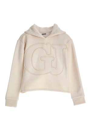 Kremowa bluza z kapturem z dużym wypukłym logo "GJ" na przodzie i metką "GUESS" wewnątrz kołnierza, długimi rękawami oraz ściągaczami na mankietach.