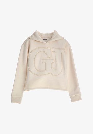 Sweat à capuche couleur crème avec grand logo "GJ" en relief sur le devant et étiquette "GUESS" à l'intérieur du col, manches longues et poignets côtelés.